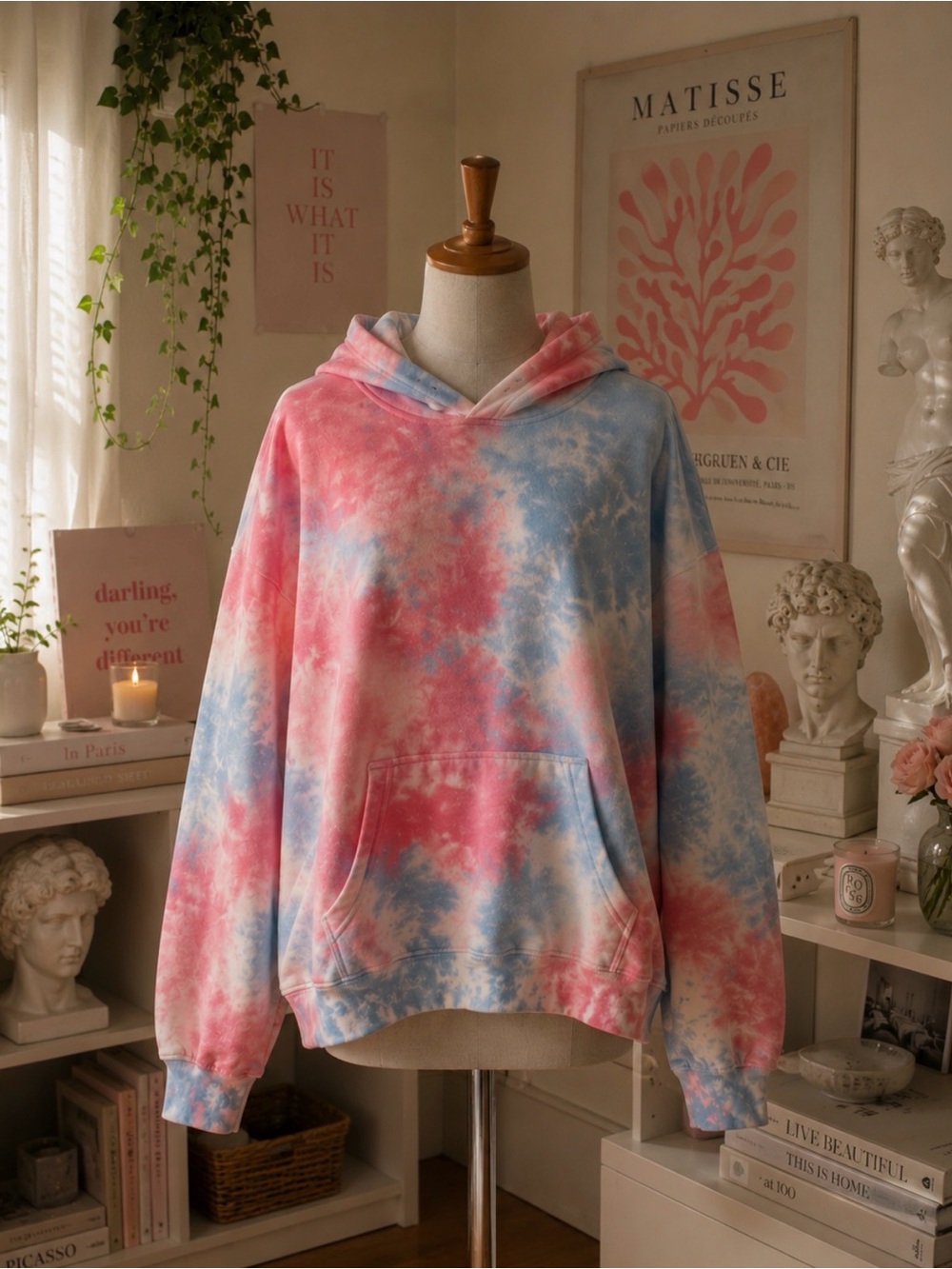 Tie-Dye Cowl & velvet human Hoodie - Coral Blue Multi
